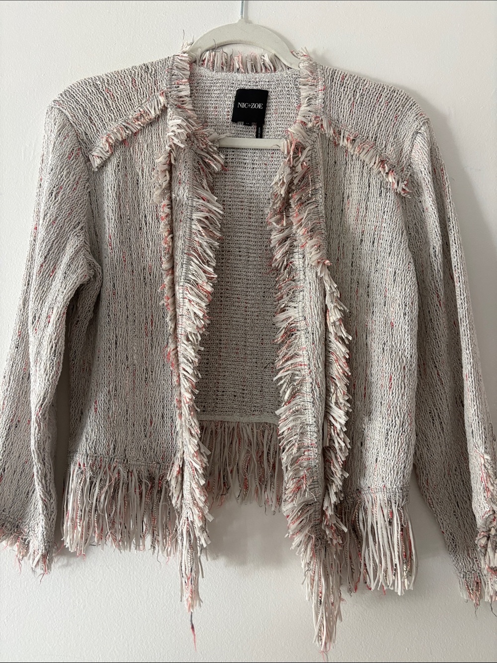 NIC+ZOE Cream Fringe-Trim Open Knit Jacket with Pink Flecks